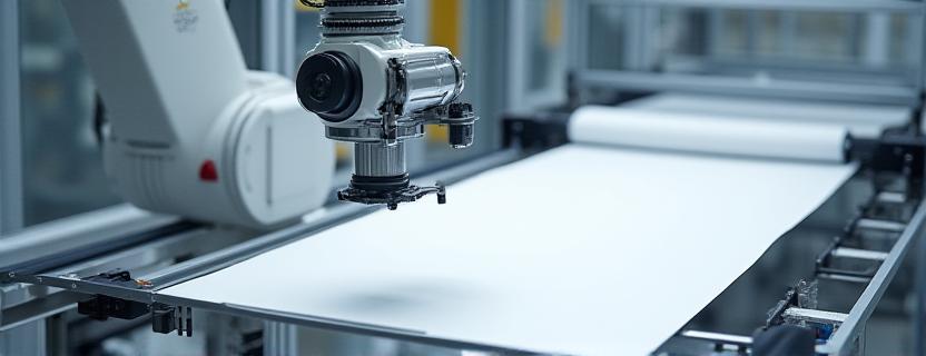 自動検査アームが生地をスキャンする様子